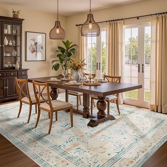 Floral Rug for Living Room Bedroom, 6x9 Washable Rug, Vintage Boho Area Rug, Large Non Slip Low Pile Wool Carpet for Indoor Dining Room,Girls Room,Nursery Room and Kids Room(Ivory Green 6x9ft)
