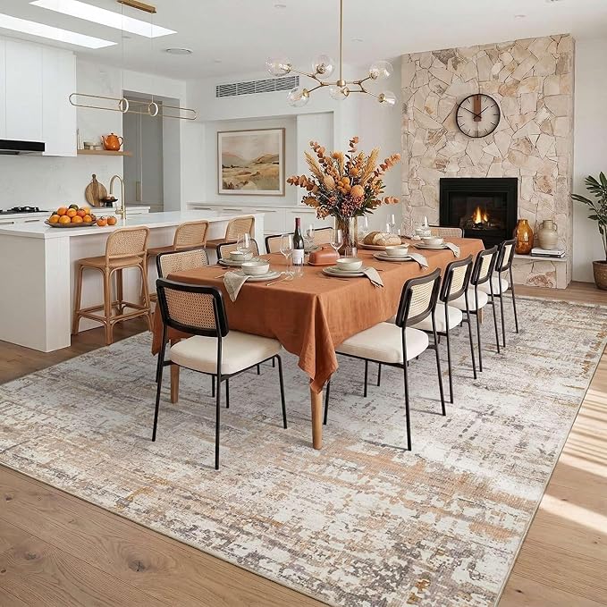 10x14 Extra Large Washable Area Rug, Soft Abstract Vintage Rug for Living Room, Bedroom, Office, Farmhouse, Low Pile Imitation Wool Non Slip Carpet Ideal for High-Traffic Areas, Beige Grey