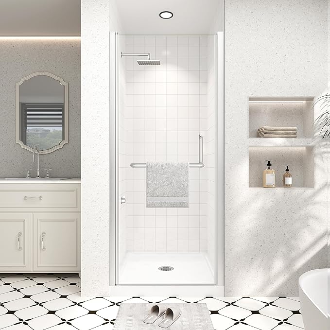 Frameless Pivot Shower Door 30"-32" Wx72 H,1/4"(6mm) Clear Nano Coated (SGCC) Tempered Glass,Reversible Swing Shower Door for Walk-in Shower,Modern Brushed Nickel Finish