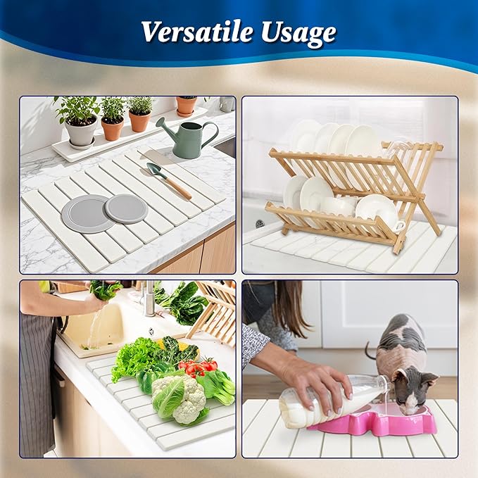 Large Stone Dish Drying Mat for Kitchen Counter, Instant Drying Pad, Super Absorbent Foldable Dish Drying Mat, 24"×16", White
