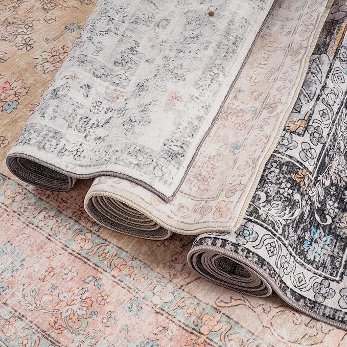 Area Rugs 5x7, Washable Black Rugs for Living Room, Bedroom, Non Slip, Neutral Floral Vintage Indoor Rug for Farmhouse Nursery, Dining Room, Kid Room, Office, Dorm