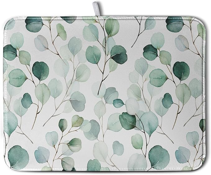 Green Leaves Dish Drying Mat Eucalyptus Leaf Branch Plant Drying Mats Absorbent Reversible Microfiber Kitchen Counter Mat Reusable Washable Dishes Drainer Mats Extra Large 18x24 Inch