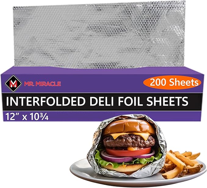 Box of 200 - Pre-Cut 12" Aluminum Foil Sheets - 12x10" Extra Wide & Heat-Tolerant Foil Sheets, 100% Aluminum, Ideal for Food Wrapping, Grilling & Freezing, Convenient Dispenser