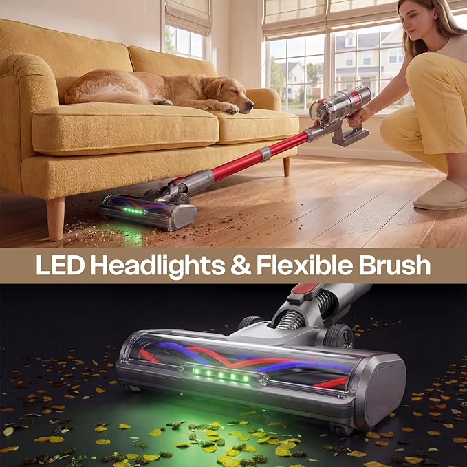 Cordless Vacuum Cleaner, 600W/50KPA, Up to 60 Minutes, Stick Vacuum with Rechargeable Design, Powerful Suction, Lightweight, Vacuum Cleaner for Home/Pet Hair/Carpet/Hard Floor, Red