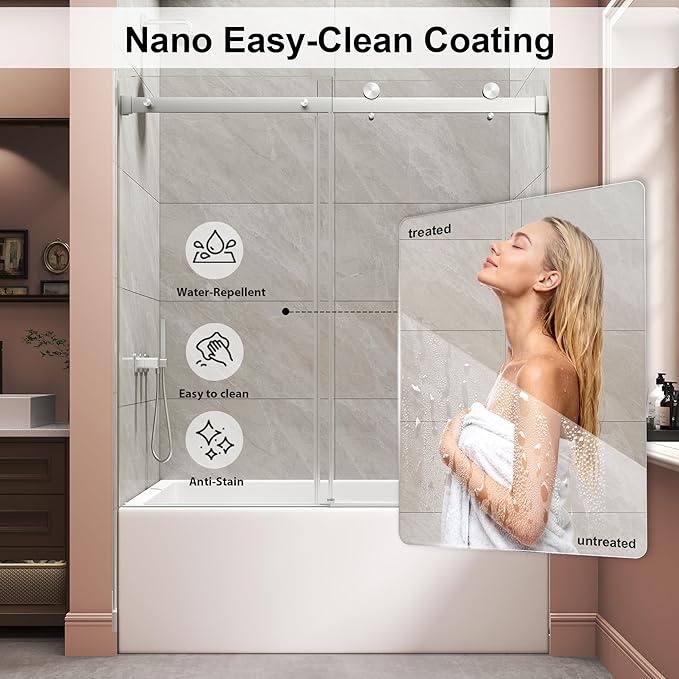 Frameless Bathtub Shower Door, Tub Sliding Door with Nano Coating & Safety Film, 1/4" (6mm) SGCC Tempered Glass，Adjustable 55"-60" W x 60" H, Brushed Nickel