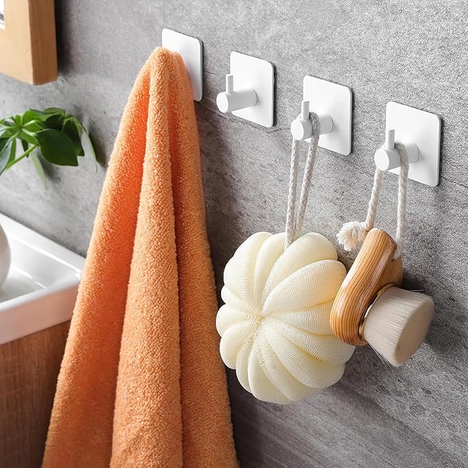 YIGII White Adhesive Hooks - Towel Hook Heavy Duty Stick on Wall Hooks for Hanging Robe/Coat in Bathroom, Bedroom, SUS-304 Stainless Steel, 4 Packs
