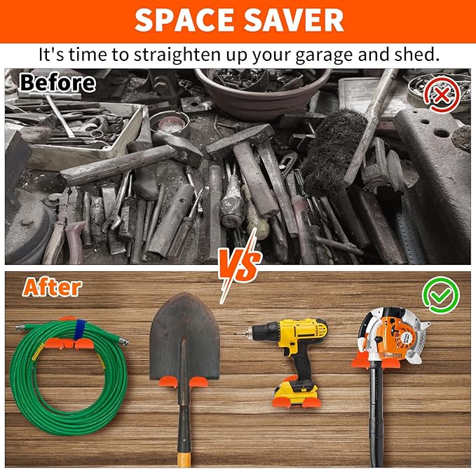 Upgraded Trimmer Rack Wall Mount - 8" Heavy Duty Weed Eater Hanger for Garage Wall, Garden Power Tool Holder Organizer Hooks for Grass Trimmer, Hedge Trimmer, Leaf Blower and Chainsaw, Orange, 2 Pack