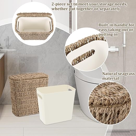 Wicker Waste Basket with Lid and Liner, Woven Seagrass Trash Can, Bathroom Trash Can, Boho Garbage Wastebasket for Bedroom Home Living Room Office Kitchen, 2.5 Gallon
