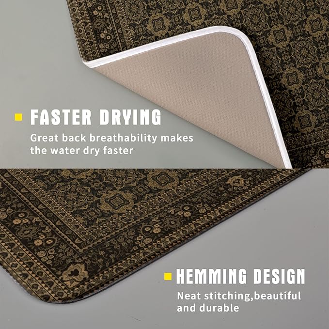 Brown Antique Tabriz Rug Dish Drying Mat for Kitchen Counter,Retro Turkish Vintage Floral Block Print Drying Mat 16 x 18 Inch with Absorbent Reversible Microfiber Drying Pad for Coffee Bar