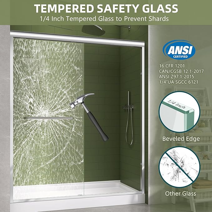 GETPRO Shower Door 62-66 in. W x 72 in. H Double Sliding Semi-Frameless Bypasss Bathroom Shower Glass Doors 1/4 inch Clear Tempered Glass Door for Walk-in Shower Chrome Finish