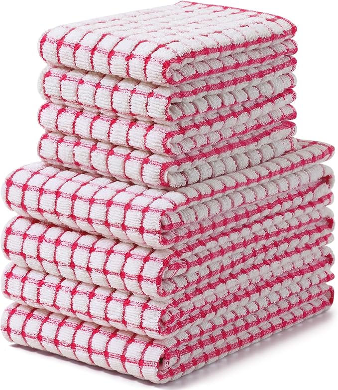 Homaxy Kitchen Towels and Dishcloths Set, 16 x 25 and 12 x 12 Inches, Set of 8 Cotton Terry Kitchen Dish Towels, Super Soft and Absorbent Dish Cloths, Red