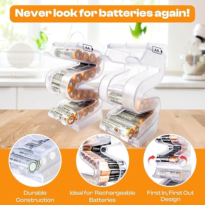Battery Ladder Organizer Case for AA Batteries - Stackable or Mounted Vertical Storage Battery Dispenser for Home, Garage, & Workshop (2-Pack, Holds 40 AA Batteries Total)