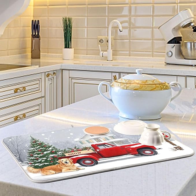 Christmas Tree Truck Dish Drying Mat for Kitchen Countertop 18x24 Winter Snow Poinsettia Golden Retriever Large Drying Mat Reusable Quick Dry Dish Sink Mats Easy Clean Decorative Essentials