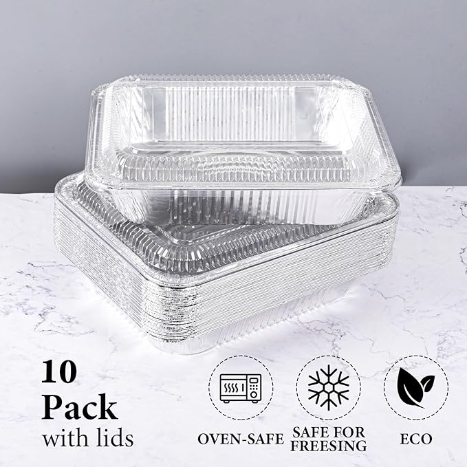 9x13 Inch Disposable Aluminum Pans with Clear Lids(10 Pack)Half Size Tin Foil Pans with Lids,Food Containers Disposable Baking Pans For Cooking, Meal Prep, Roasting, Chafing, Steam Table, Storage