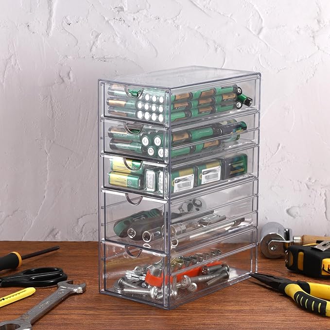 BTSKY Clear Plastic Battery Storage Organizer for AA, AAA, 9V, C, D Batteries, 5-Drawer Storage Box Battery Holder Organizer for Common Types Batteries, Household Container(Batteries Not Included)