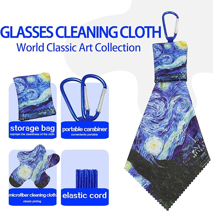 4Pcs Glasses Cleaning Cloth,Microfiber Cleaning Cloths,Lens Cleaning Cloth for World Classic Art Collection,Pouch&Clip-On&Washable,for Eyeglasses,Screens,Sunglasses,Camera Lenses (Blue)