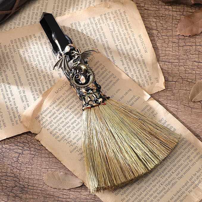 Witch Crystal Altar Broom - Witchcraft Supplies Wiccan Decor Dragon Altar Supplies with Black Obsidian Natural Healing Crystals Reiki Energy Emotional Regulation Wealth Attraction Crafts