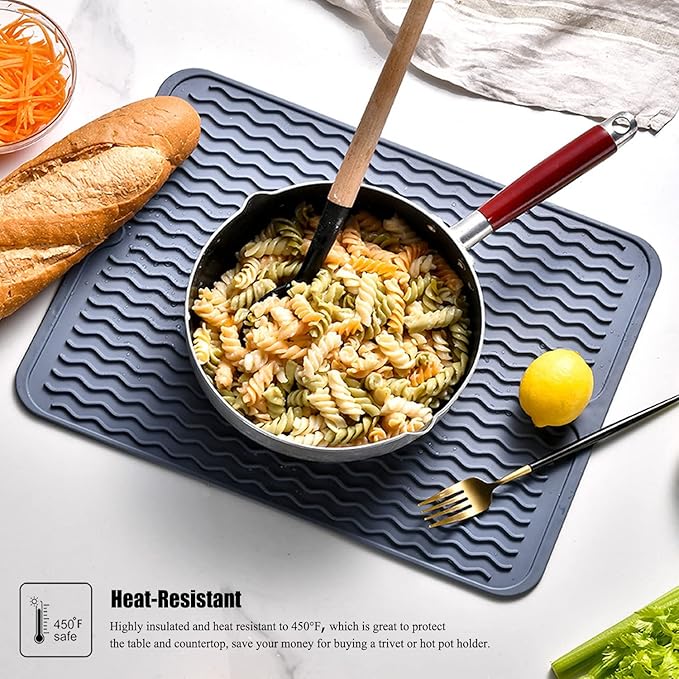 Silicone Dish Drying Mat, Non-Slip Easy Clean Sink Mat Large Heat-resistant Dish Drainer Mat for Kitchen Counter, Sink, Refrigerator or Drawer liner (12" x 12", GREY)