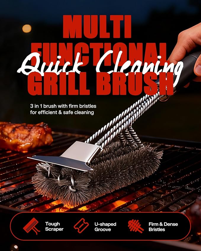 Grill Brush with Scraper - BBQ Grill Brush for Outdoor Grill, Extra Strong Grill Cleaner Accessories for Grill Smoker Gas Charcoal Grill Cleaning-Gifts for Grill Wizard Dad Men
