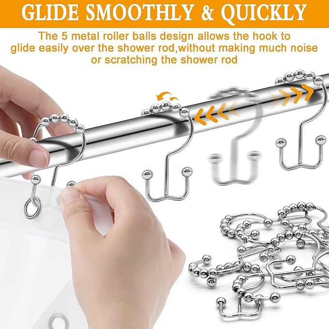 Shower Curtain Hooks,12 Pcs Rustproof Metal Shower Curtain Rings,Free Sliding Double Shower Hooks for Shower Curtain & Liners,Shower Curtain Hangers for Bathroom Shower Curtain Rods Curtains (Silver)