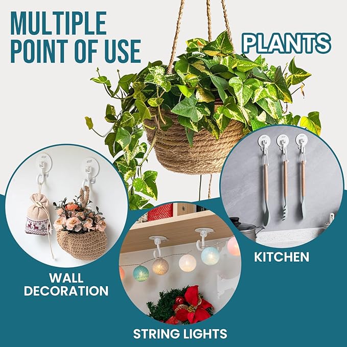 TAILI Adhesive Ceiling Hooks for Hanging Plants, Heavy Duty No-Drill Removable Sticky Wall Hooks Hanging Christmas Lights Garland Coat for Door Kitchen, Renter Friendly - 4 Pack White