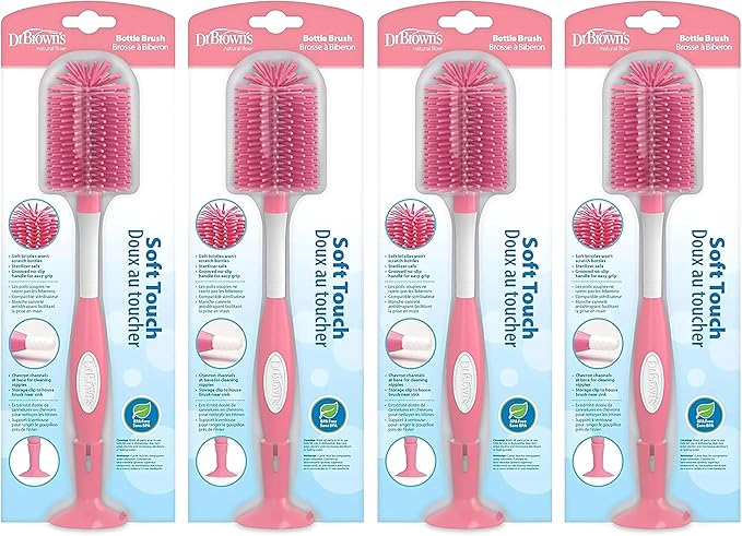 Dr. Brown's Soft Touch No Scratch Baby Bottle Cleaning Brush, Nipple Cleaner and Suction Cup Base for Easy Storage, BPA-Free, Pink, 4-Pack