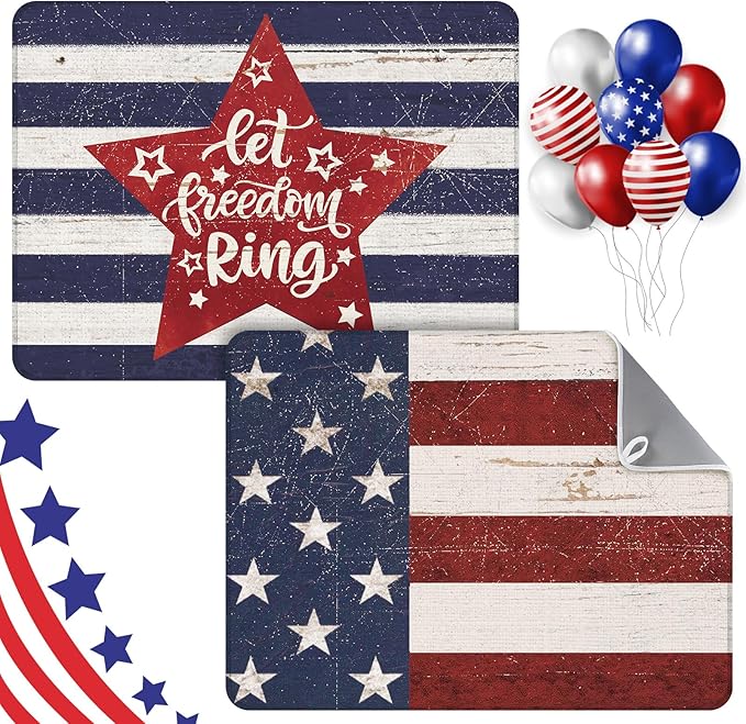 2 Pcs Memorial Day Dish Drying Mat for Kitchen 18 x 24 Inch 4th of July 250th Anniversary USA Patriotic Red White Blue Independence Day Star Microfiber Drainer Mat for Countertop