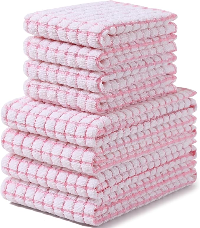Homaxy Kitchen Towels and Dishcloths Set, 16 x 25 and 12 x 12 Inches, Set of 8 Cotton Terry Kitchen Dish Towels, Super Soft and Absorbent Dish Cloths, Pink
