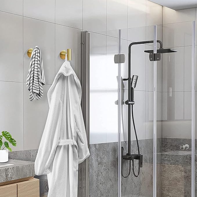 Adhesive Towel Hooks, Brushed Gold SUS 304 Stainless Steel, Coat Robe Sticky Hooks for Bathroom Wall Stick On (Brushed Gold, 4 Pcs)