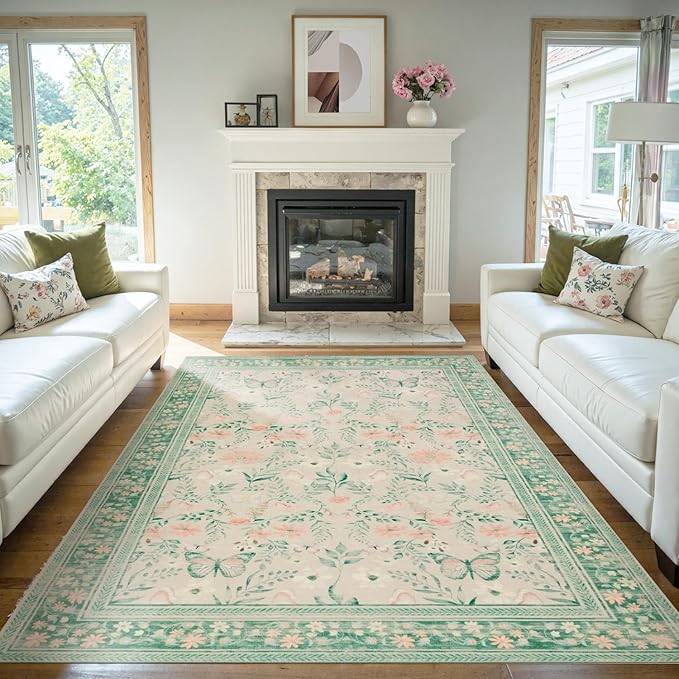 Floral Rug for Living Room Bedroom, 8x10 Washable Rug, Green Vintage Boho Area Rug, Large Non Slip Low Pile Carpet for Indoor Dining Room,Girls Kids Room and Nursery Room(Sage Green 8x10ft)