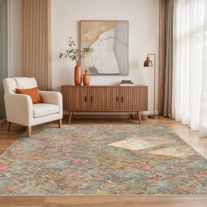 Floral Rug for Living Room Bedroom, 4x6 Washable Rug, Vintage Boho Style, Large Non Slip & Low Pile Wool Carpet for Indoor Dining Room, Girls Room, Nursery Room and Kids Room(Boho Multi 4x6ft)