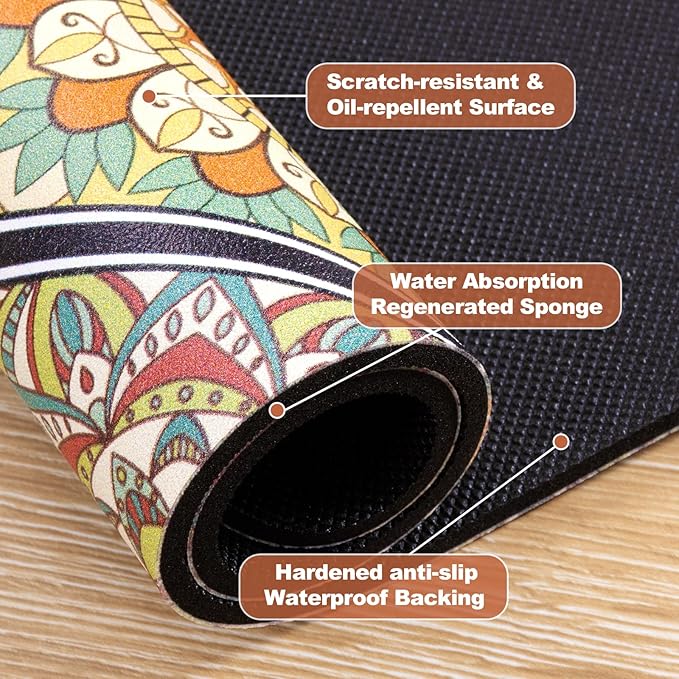 Yamaziot Boho Coffee Mat 12"x20", Floral Dish Drying Mat for Kitchen Counter, Non Slip Coffee Bar Accessories Espresso Machine Dish Rack