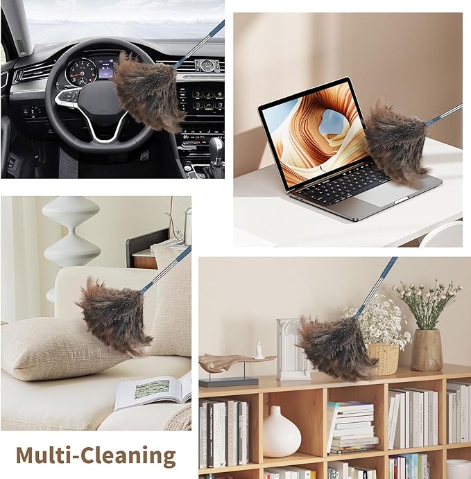 Ostrich Feather Duster with Extension Pole for Cleaning - 80 in Fluffy Natural Genuine Ostrich Feathers with Handle Reusable Handheld Ostrich Feather (Gray)