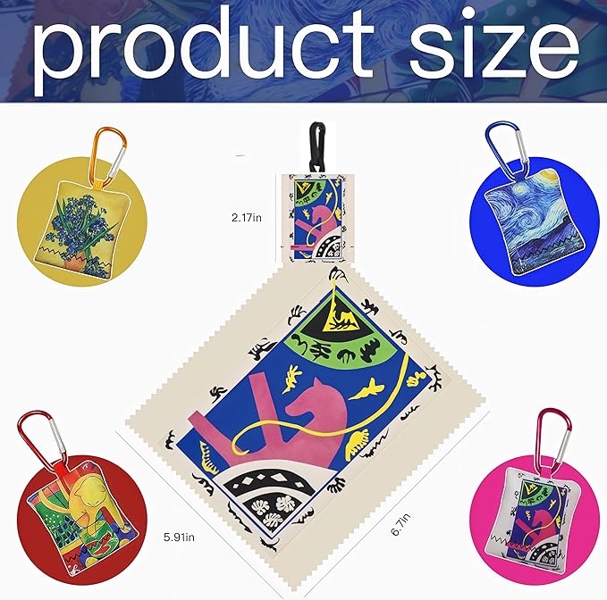 4Pcs Glasses Cleaning Cloth,Microfiber Cleaning Cloths,Lens Cleaning Cloth for World Classic Art Collection,Pouch&Clip-On&Washable,for Eyeglasses,Screens,Sunglasses,Camera Lenses (Colorful)