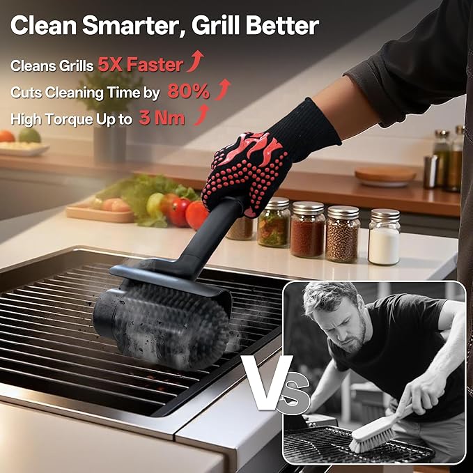 Electric Grill Brush, 800 RPM Grill Brush for Outdoor Grill, 3Nm High Torque Motor, 304 Stainless Steel, φ3.94 Inch Removable Brush Head with Heat Resistant Gloves, Gift for Men