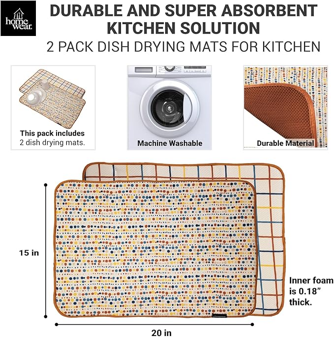 2 Pack Printed Dish Drying Mats for Kitchen, Super Absorbent Polyester, 15 x 20 inches, Countertop Sink, Machine Washable, Plaid & Polka Dot
