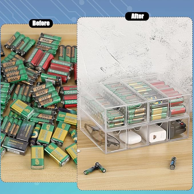 BTSKY 2 Pack Clear Acrylic Battery Storage Organizer for AA, AAA, 9V, C Batteries, 4-Drawer Storage Box Battery Holder Organizer for Common Types Batteries, Household Container(Batteries Not Included)