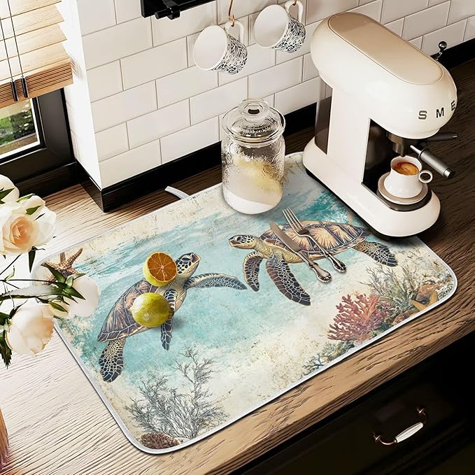 Vintage Ocean Sea Turtle04 Dish Drying Mat for Kitchen Counter Absorbent Microfiber Small Drying Pad Dish mats for Kitchen Countertops 16 x 18 Inch