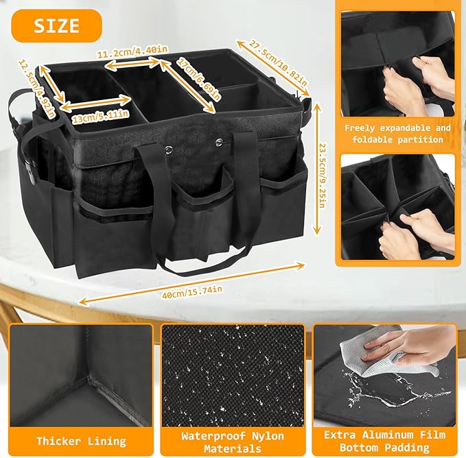 Wearable Cleaning Caddy Organizer with Handle & Shoulder Straps for Cleaners, 5 Compartments, Housekeeping Tote for Kitchen & Bathroom, Car Tool Caddy Organizer Bag (black)