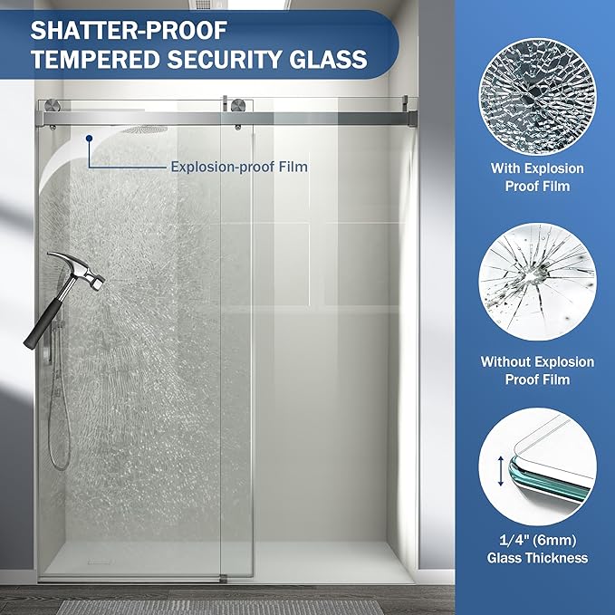 Abruzzo 76" Frameless Shower Door Single Sliding - 1/4" Tempered Glass Soft Close, Brushed Nickel, Adjustable 56-60" Width