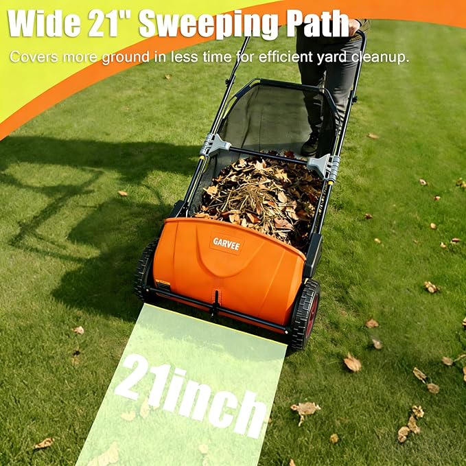 Manual Push Lawn Sweeper 21-Inch, Yard Leaf & Debris Collector with 3.5 Cu. Ft. Collection Bag, Adjustable Brush Height for Lawns & Driveways, Foldable Storage Design
