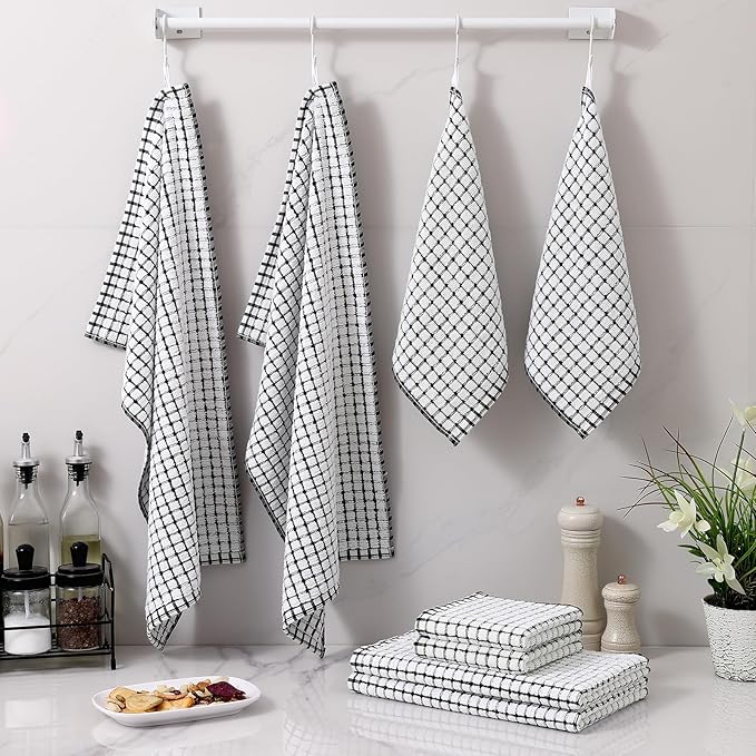 Homaxy Kitchen Towels and Dishcloths Set, 16 x 25 and 12 x 12 Inches, Set of 12 Cotton Terry Kitchen Dish Towels, Super Soft and Absorbent Dish Cloths, Black