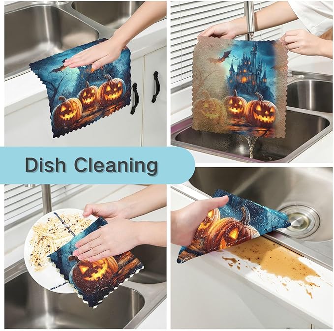 ALAZA Kitchen Towels Halloween Pumpkins Castle Flying Bat Dish Towels Multipurpose Reusable Dish Cloths Soft Cleaning Cloth Kitchen Accessories Set of 6,11"x11"