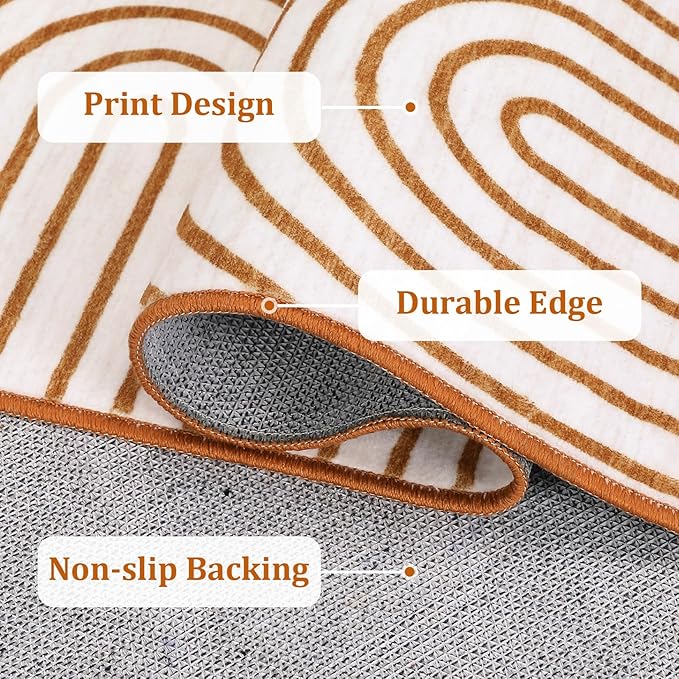 Washable Rug 9x12 Area Rugs for Living Room, Abstract Rug for Bedroom, Soft Rainbow Non Slip Throw Rugs with Rubber, Low Pile Stain Resistant Boho Geometric Carpet for Dining Room, Orange