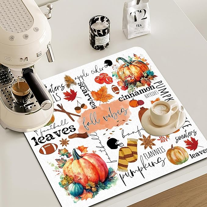 Fall Pumpkin Dish Drying Mat - Fall Leaves Dish Drying Mat,Fall Vibes Dish Drying Mat,Rugby Football Absorbent Dish Drying Mat For Kitchen Counter,16x17.5 Inch, 240-JL-GZD-01