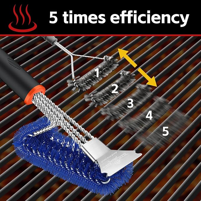Grill Brush and Scraper, Safe Nylon Bristles Barbecue Triple Scrubbers Cleaning Brush for Cast Iron Grates/Porcelain/Weber Gas/Charcoal Grill,Extra Strong BBQ Cleaner Accessories (Blue)