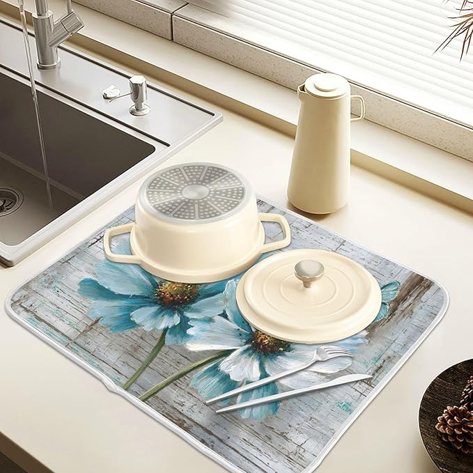 Rustic Teal White Daisy on Vintage Wooden Dish Drying Mat for Kitchen Counter Absorbent Microfiber Small Drying Pad Dish mats for Kitchen Countertops 16 x 18 Inch