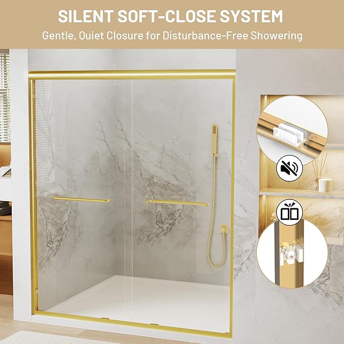 56-60" W x 70" H Double Sliding Shower Door, Semi-Frameless Shower Door with 1/4"(6mm) Clear Tempered Glass, Silent Soft-Close Door for Walk-in Shower, Brushed Gold