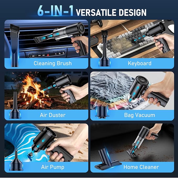 Car Vacuum Portable Cordless, 35000Pa High Power Brushless Motor Handheld Vacuum, 6-in-1 Rechargeable Mini Cleaner with Air Duster for Car, Home, Pet Hair, Keyboard,Graphite Grey