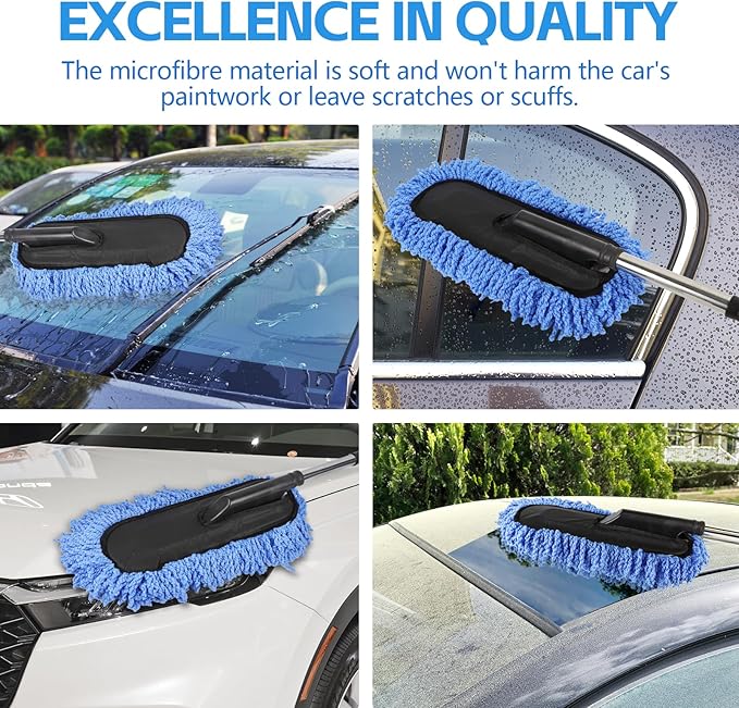 Wuyaoyao 2PCS Car Duster Set, Soft Microfiber Car Duster Interior Exterior, Scratch Free Auto Cleaning Brush with Extendable Handle, Multipurpose Dusting Tool for Auto Office Home Furniture (Blue)